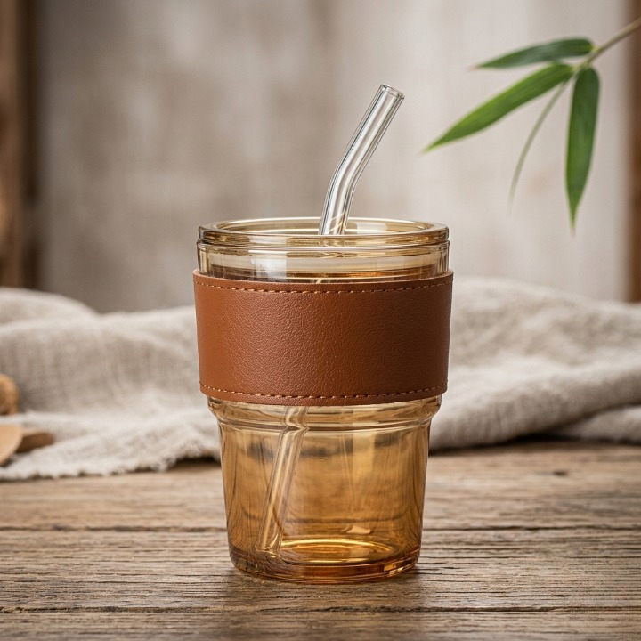 Premium Amber Glass Coffee Tumbler – Travel Mug With Leather Heat Sleeve & Glass Straw
